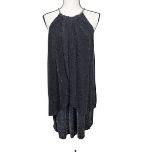 SLNY Halter Cocktail Dress Womens 12 Black Metallic Beaded Neck Layered Evening